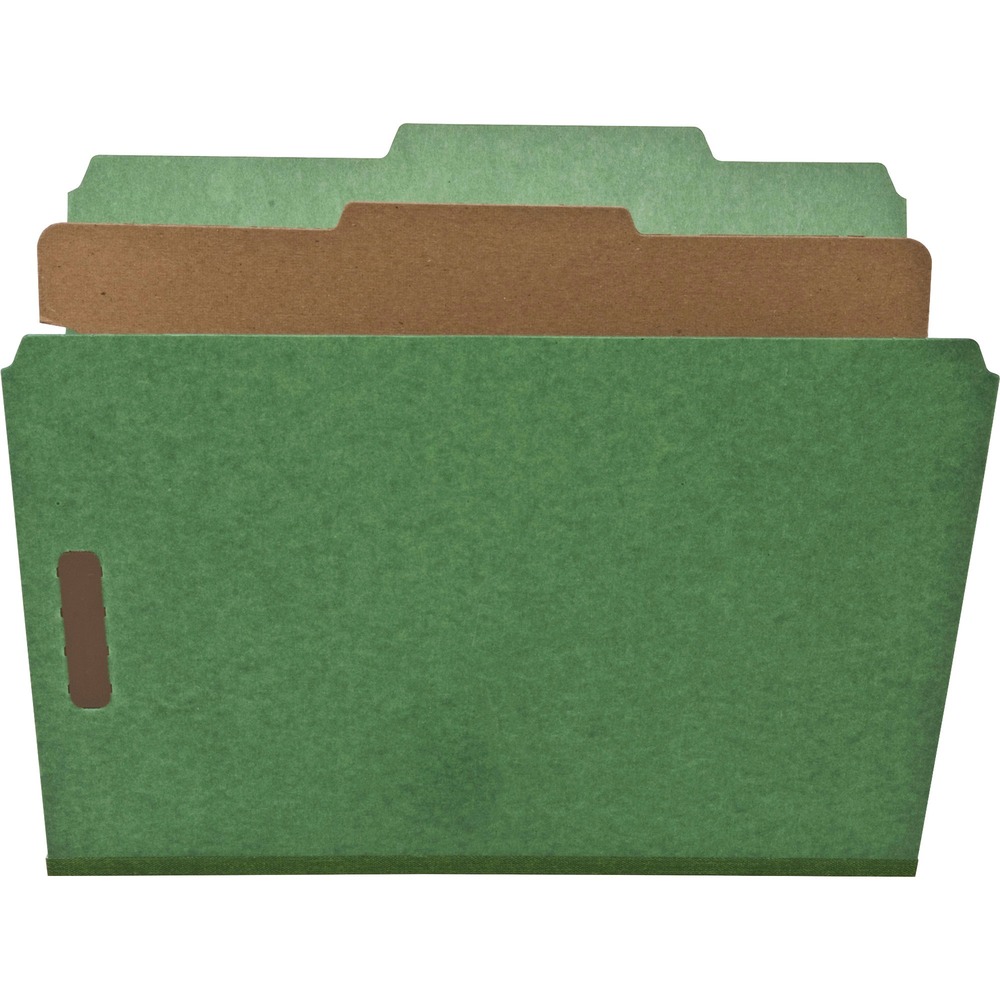 NATSP17203 - Eco-friendly classification folders are durable and made for subdividing large, bulky letter-size files. 2" fasteners are embedded on the front and back panels as well as the divider, expand for a 2" capacity and keep papers secure and in order. Covers are made of 25 point stock and have 2/5-cut right of center tabs. The dividers are made of 20 point stock and have 1/3-cut tabs. Top tab folders are made with recycled material.