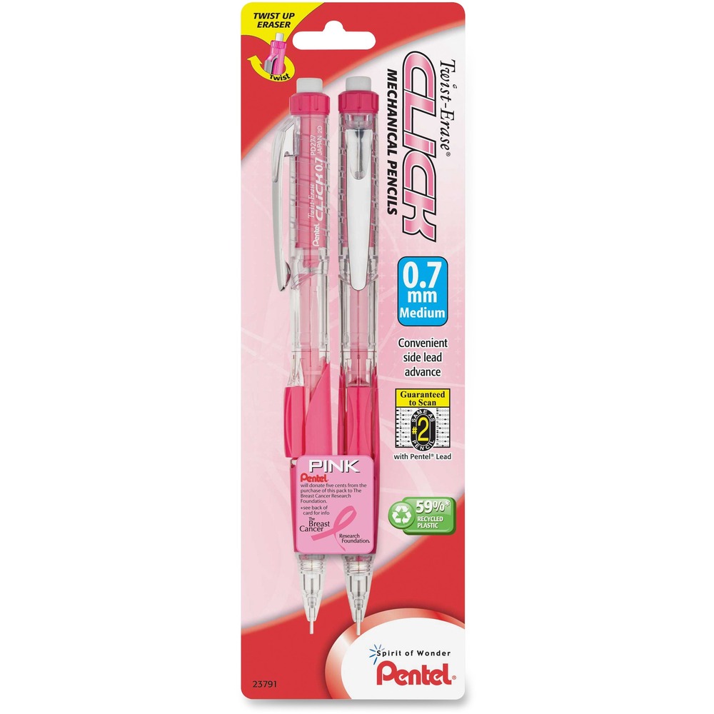 PENPD277TBP2PBC - Twist Erase Click Mechanical Pencil supports breast cancer awareness. A portion of the proceeds from this pencil will be donated to the Breast Cancer Research Foundation. Pink-tinted barrel lets you monitor the lead supply at a glance. Latex-free grip on the barrel is designed to enhance your comfort. Use metal clip to attach to pockets, notebooks and more. Convenient side button allows the 0.7mm lead to advance effortlessly without changing hand position. Lead is the same as a No. 2 pencil. The refillable, extra-long, twist-up, nonabrasive eraser feature allows longer use. Turn dial left to advance eraser, and right to retract. Mechanical pencil is refillable with Pentel Super Hi-Polymer Lead and E10 jumbo refill eraser.