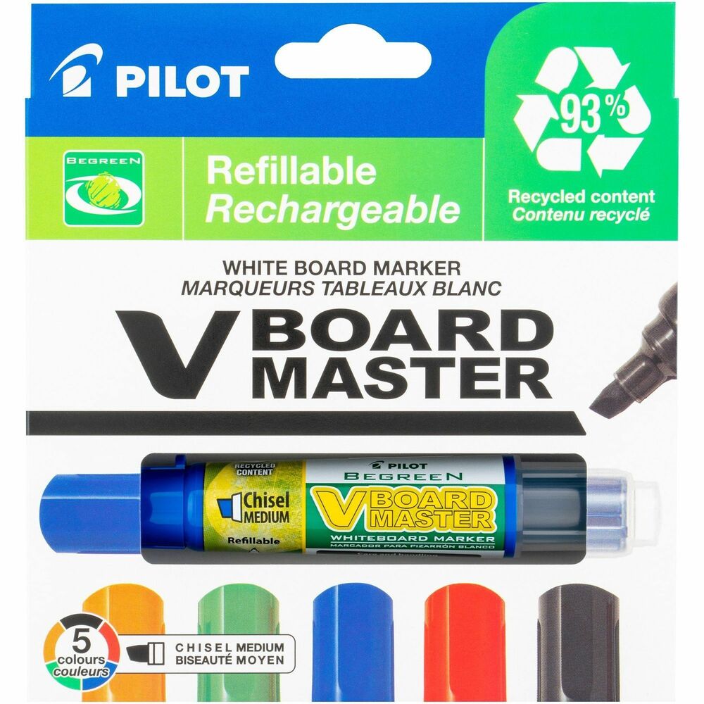 PIL43917 - Dry-erase marker is refillable up to four times and is made from a high percentage of recycled material. Visible, long-lasting ink supply delivers vibrant colors and erase cleanly. Innovative Twin Pipe Feed system ensures smooth and steady ink flow. The broad chisel point makes the vivid dense writing clearly visible from a distance. Refill with Pilot V Board Master refills for continued use.