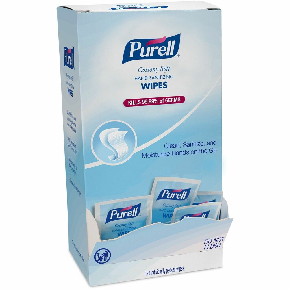 GOJ902712 - Clean, sanitize and moisturize hands on-the-go with PURELL Cottony Soft Sanitizing Wipes. Thick wipes are textured for better cleaning. 62 percent ethyl alcohol formula kills 99.99 percent of most common germs that may make you sick. Moisturizers, Vitamins A and E and aloe help maintain healthy skin. Individually wrapped wipes are convenient and easy to use in offices, restaurants, healthcare facilities or anywhere else germs might be.