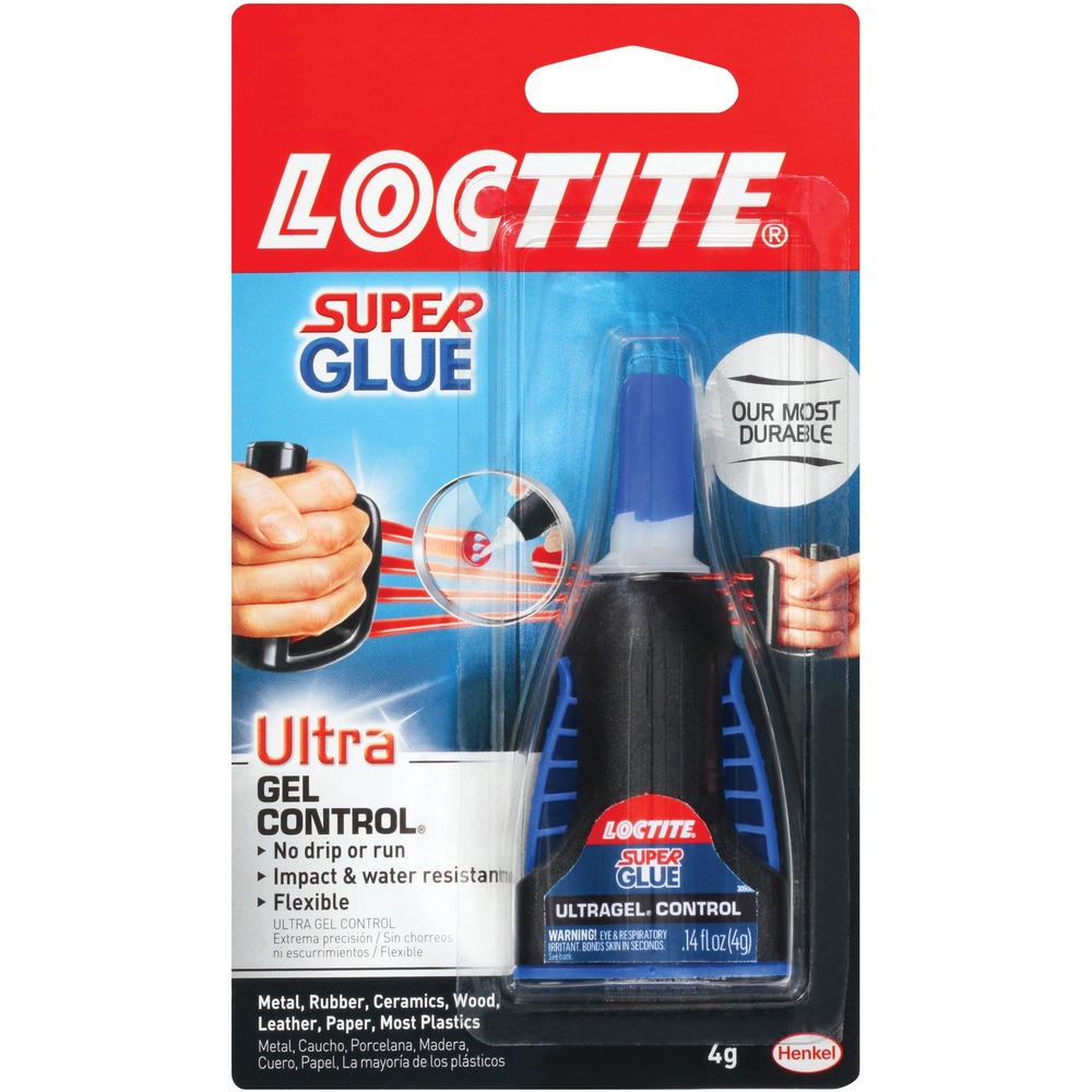 LOC1363589 - With a rubber-infused formula, Ultra Gel Control Super Glue resists jarring and impact. The specially formulated, rubber-toughened, instant adhesive resists impact, shock, vibration and temperature extremes. It is resistant to moisture and freezing temperatures. Ideal for bonds subject to daily use and harsh conditions, even outdoors. Use on metal, rubber, ceramics, wood, leather, paper and plastics. Durable super glue also gives you more time to align pieces before the glue takes hold. It dries clear and sets without clamping. Gel glue comes in a patented, side-squeeze design for maximum control and airtight storage.