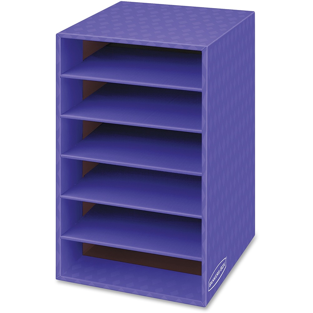 FEL3381201 - The Bankers Box 6-Shelf Organizer stores, protects and organizes printouts, art supplies, reading materials and assignments in the classroom. Design features a sturdy multilayer construction and easy assembly. Organizer is made with a high percentage of recycled content.