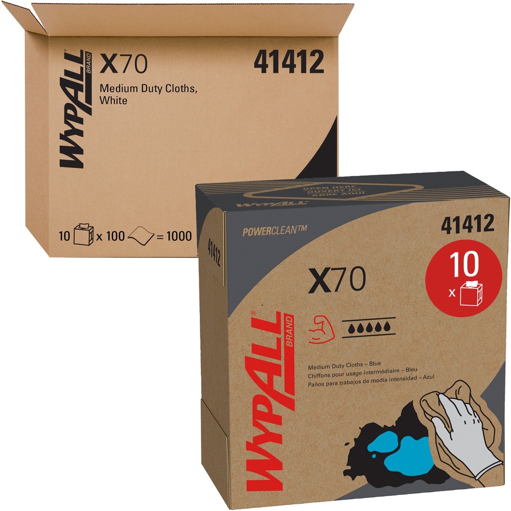 KCC41412 - Maximize performance while minimizing time, effort and product waste by using WypAll PowerClean X70 Medium-Duty Cloths. High-tech, HydroKnit material absorbs quickly. Premium industrial cloths are made of soft pulp fibers bonded to a polypropylene base sheet for absorbency and tear-resistance so they remove dirt, oil, grime and solvents in a variety of industrial and manufacturing industries just like laundered shop towels or textile shop rags. Durable cloths come in a convenient, Pop-Up Box that dispenses one at a time as an alternative to a box of rags. They are so sturdy that they can often be used more than once. After you've used them a few times, throw away the disposable cloths. They are designed to clean surfaces and tools, making them a must-have for the HVAC, automotive, manufacturing and industrial industries.