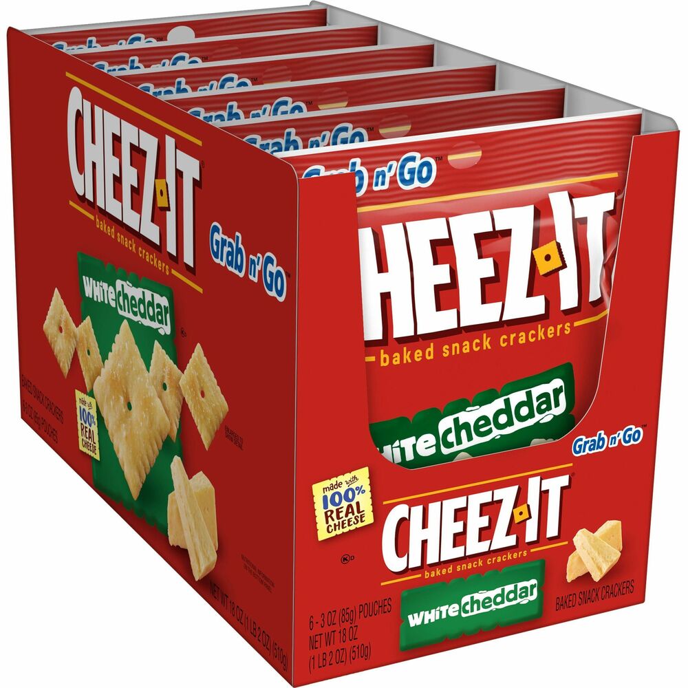 KEB31533 - The secret behind the delicious goodness of Cheez-It White Cheddar Crackers is really rather simple. They're made with 100 percent real cheddar cheese. These crackers have the same square shape, the rigid edges and that hole in the middle you'll find in larger packaging but in more convenient pouches so you can take them anywhere. White cheddar baked crackers in single-serve pouches are perfect for breakrooms or travel. They have zero trans fat and 3 grams of protein. More from the Manufacturer
