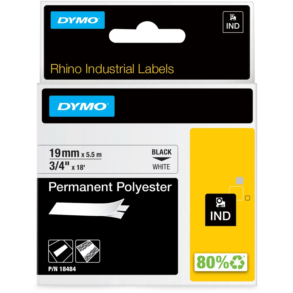 DYM18484 - Permanent polyester tape features durable construction designed for industrial use. 3/4" (19mm) poly label tape is resistant to oil, solvents and chemicals and adheres to all surfaces, even extremely rough ones like name-and-rating plates, patch panels, cabinets and racks. The split back on the adhesive side makes the tape easy to peel. The permanent adhesive results in labels that stick and last in rugged environments. Tape is compatible with Dymo Rhino 6500, 6000, 5200 and 5000. More from the Manufacturer