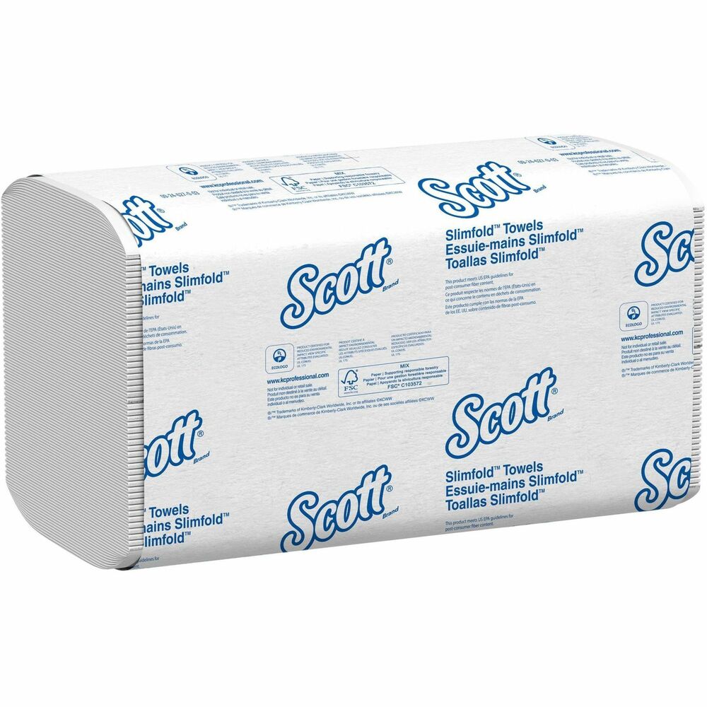 KCC04442 - Scott provides enhanced hygiene solutions for critical environments. Scott Slimfold Paper Towels feature an innovative design that allows you to fit premium paper towels in places you never thought possible. Smart fold construction is smaller than M-fold, C-fold or tri-fold hand towels to fit in tight places such as a nurses' station, small classroom washing area or behind-the-counter sink at your business. They are folded five times instead of two times like many multifold towels and unfold to a 7.5" x 11.6" size to get the job done. Absorbency Pockets feature fast-drying ridges for better absorbency. Paper towels are compatible with Kimberly-Clark Professional Stainless Steel Wall Unit and Scott Slimfold Towel Dispensers (none included) to help keep towels clean before use and deliver one-at-a-time dispensing for hygienic hand-drying. Slim size allows easy storage of extra towels in cabinets or closets. More from the Manufacturer