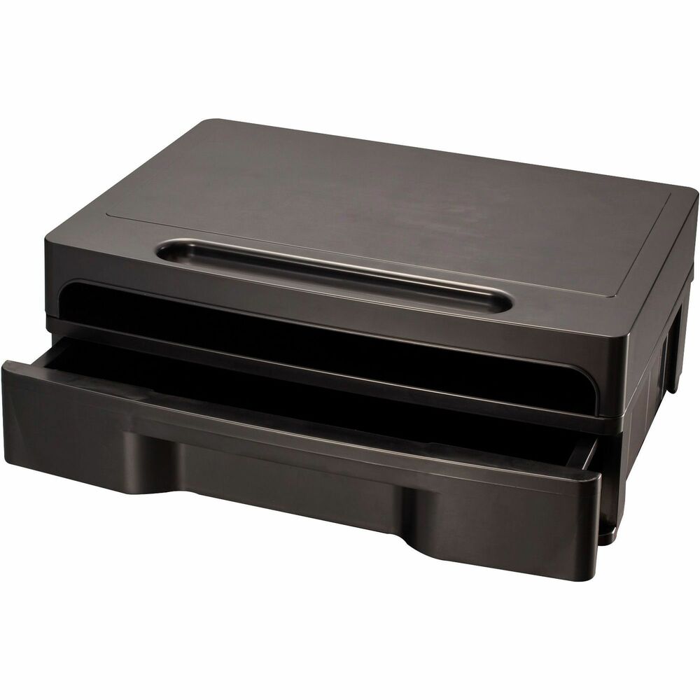 OIC22502 - Monitor Stand with Drawer holds a standard monitor at eye level and features a slot for documents. Use stand with or without the drawer. Removable divider inside the drawer is perfect for filing. Monitor stand is made from durable, heavyweight plastic with a molded space on the top for writing utensils. Design also features contemporary, rounded corners; smooth, rounded lines; and a polished surface. More from the Manufacturer