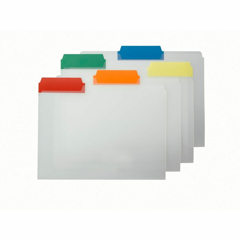 SMD10530 - Heavy-duty, poly file folders resist tears, repel moisture and are easy to clean. Super-durable poly is acid-free. Clear front provides easy content identification, and colored tabs make efficient filing simple. 1/3-cut tabs are in assorted positions. Tab colors include blue, green, orange, red and yellow. File folders include blank self-adhesive labels.