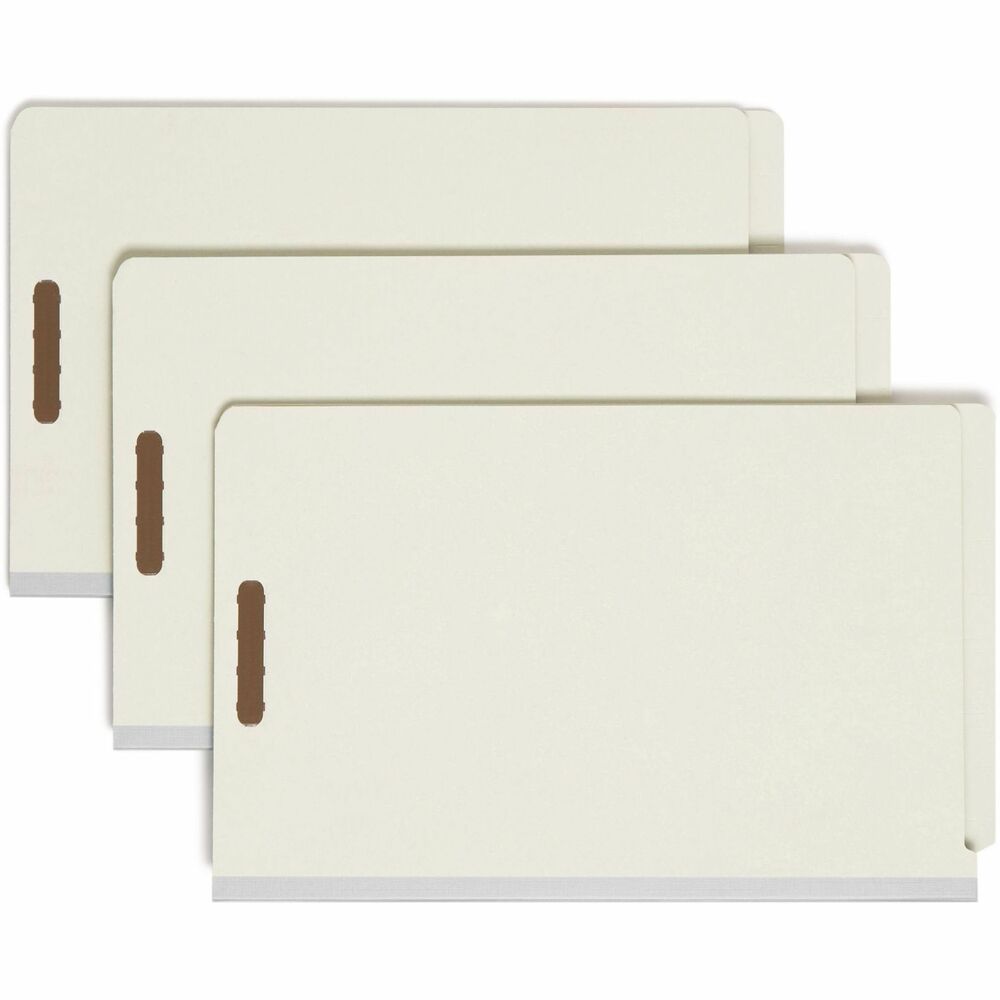 SMD29802 - With a high percentage of recycled material, these classification folders are ideal for the environmentally conscious office. Dividers with tabs and fasteners on both sides let you store information under several subdivisions while fasteners on the front and back panels add two more filing surfaces. Design creates six separate filing surfaces for your legal-size documents. Sturdy, tear-resistant gusset expands up to 2". Pressboard covers provide strength and durability.