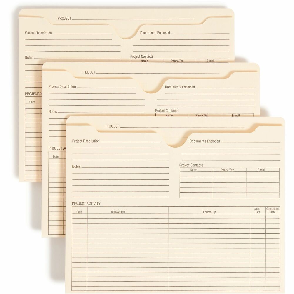 SMD75622 - Project jackets are a perfect way to keep your project materials organized and remember important project details. Preprinted areas on the front, back and tab provide a simple and consistent format for tracking your projects. Top tab is reinforced. Full-height side gussets keep materials from slipping out, and a reinforced tab provides added durability. 2" expansion provides ample space for project materials. Project jackets are made of 11 point stock.