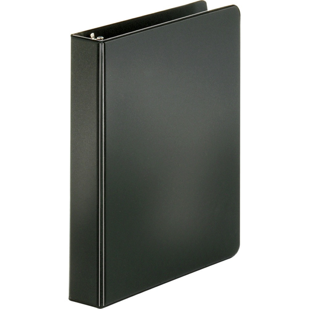 BSN28523 - Basic round-ring binder features two triggers on the ring mechanism that provide easy access to your documents. Back-mounted metal rings allow pages to lie flat. 1" capacity holds up to 240 sheets. Clear pockets inside front and back covers offer extra document storage with a 30-sheet capacity for each pocket. Design also features a sturdy chipboard core and exposed rivets. Three-ring binder is made of polypropylene.