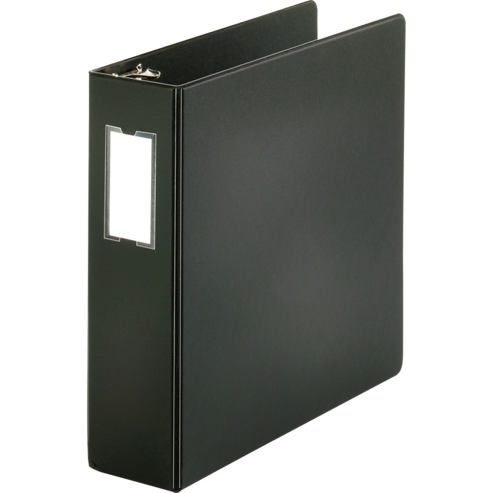 BSN28562 - Basic round-ring binder with label holder features two triggers on the ring mechanism that provide easy access to your documents. Back-mounted metal rings allow pages to lie flat. 3" capacity holds up to 625 sheets. Clear pockets on the inside covers offer extra document storage with a 30-sheet capacity for each pocket. Design also features a label holder, polypropylene construction, sturdy chipboard core and exposed rivets.