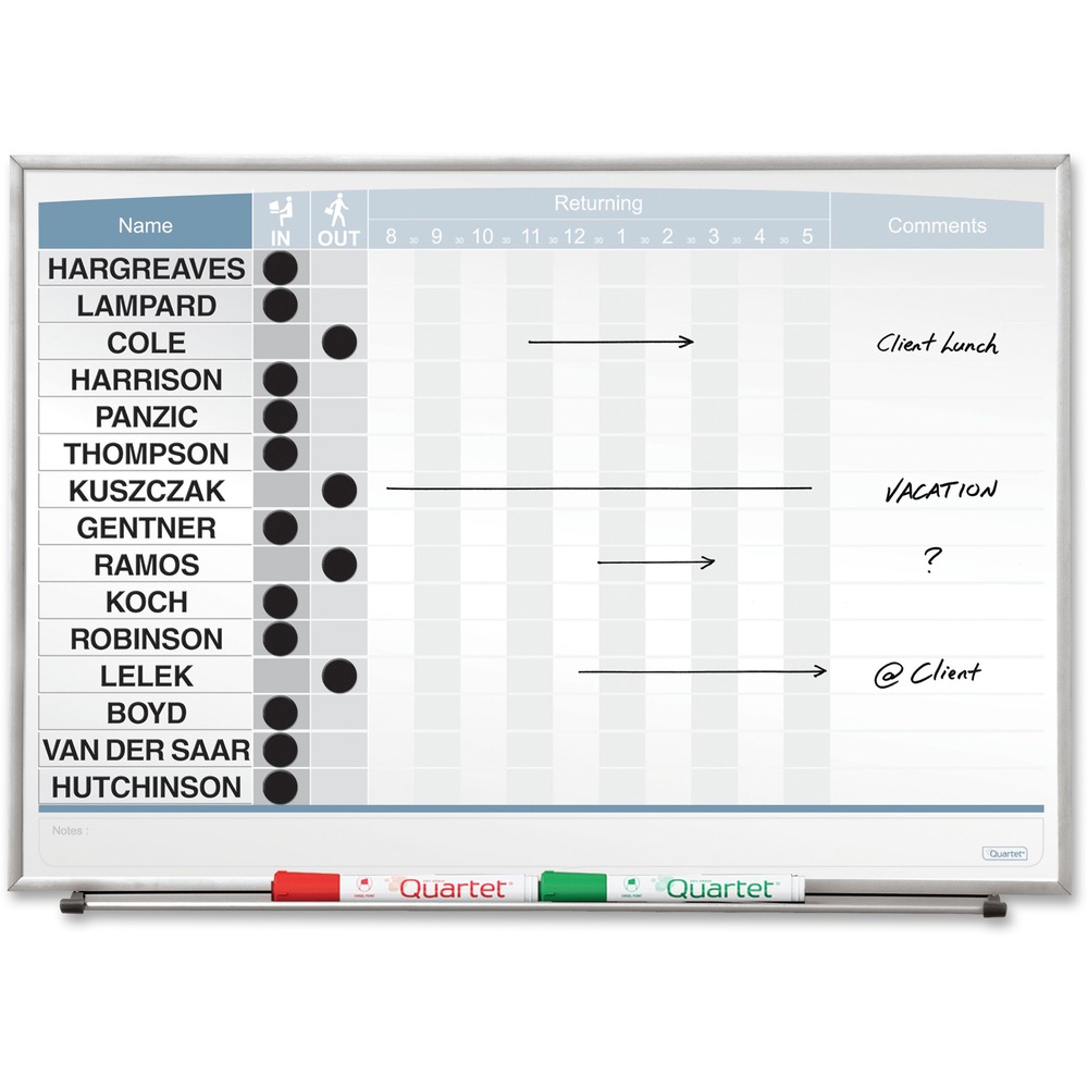 QRT33704 - Matrix In/Out Board tracks up to 15 employees on the magnetic, painted steel surface. Thin-profile whiteboard with magnetic surface doubles as bulletin board. Board includes marker, black magnetic in/out circles, Quartet dry-erase marker and attachable marker tray for convenient accessory storage. With the innovative mounting system, you can easily hang the in/out board on cubicle walls with Cubicle Partition Hangers (MCH10, sold separately). Mounting system secures vertical or horizontal hanging and makes side-by-side mounting alignment flawless More from the Manufacturer
