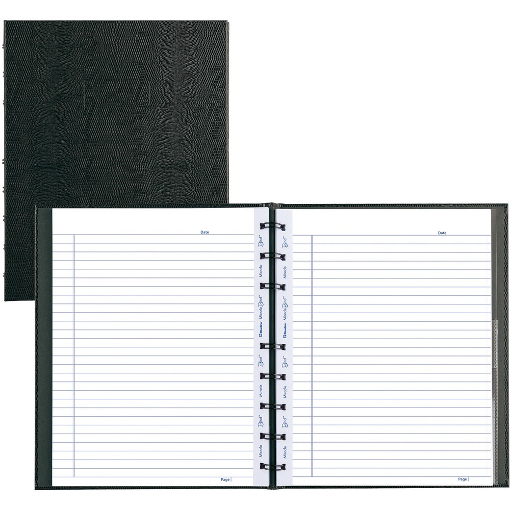 REDAF1115081 - MiracleBind Notebook features a unique coil binding system that allows the easy insertion of its MiracleBind note pages anywhere in the book. Hole-punched, loose-leaf pages and included storage pocket can be removed, repositioned and reinserted over and over again. Notebook contains 75 sheets so you get 150 microperforated, ruled pages with margins. Hard lizard-like cover offers twin-wire binding for easy page-turning. Notebook includes 10 telephone/address pages, 10 perforated note pages, self-adhesive tabs, an index sheet, and the vinyl storage pocket.
