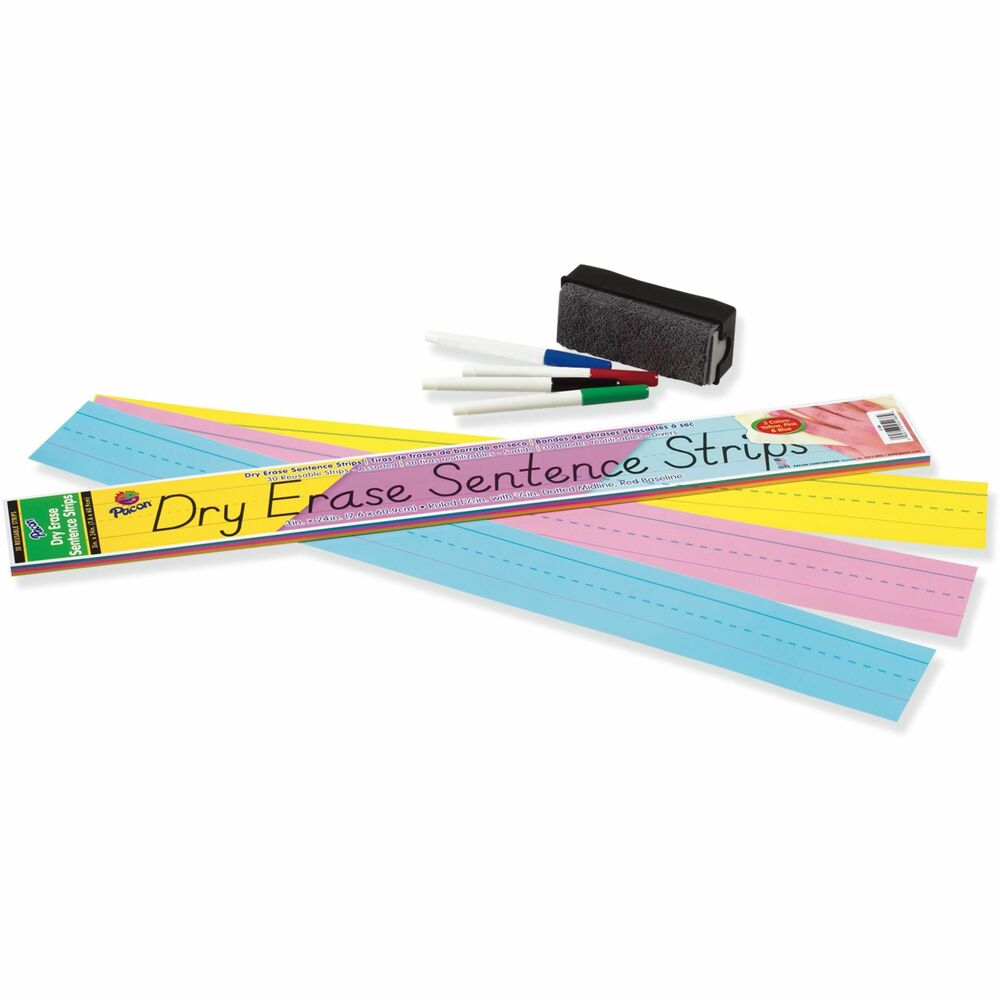 PAC5186 - Dry-Erase Sentence Strips feature a dry-erase surface on one side so students and teachers can reuse them again and again. Strip is ruled 1-1/2" with a red baseline and 3/4" dotted midline on the dry-erase side. Assorted pack includes blue, pink and yellow strips.