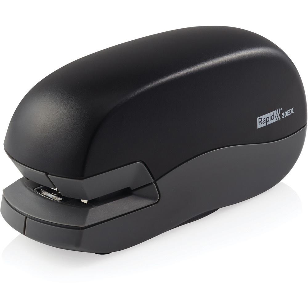 RPD73126 - Low-profile electric stapler fastens up to 20 sheets at one time. The slim, compact design allows it to be easily stored inside of a drawer and operated by one hand. It is front-loading with a rear push-to-open button and holds a half strip of staples. Stapler operates on AC power. Rubber feet provides stability.