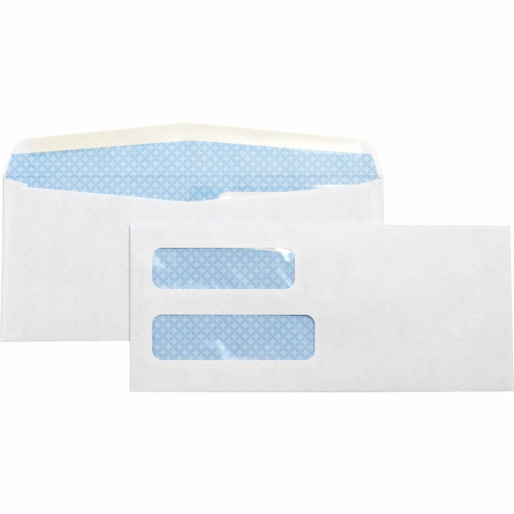 BSN36694 - No. 10 business envelopes feature double windows and a security tint to secure your documents. Top window is 1" x 3" , 1/2" from the left side and 2-1/2" from the bottom. Bottom window is 1-1/8" x 4" , 1/2" from the left, and 3/4" from the bottom. Design also features a white wove material, side seam and gummed seal. 24 lb.