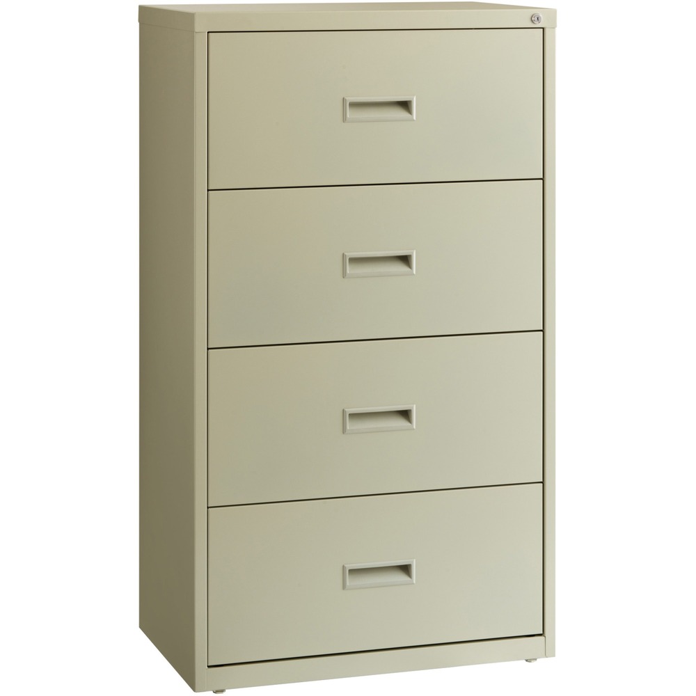 LLR60559 - Four-drawer lateral file offers side-to-side filing for letter-size, legal-size or A4-size folders with the included hanging file rails to meet your filing needs. Interlock system prohibits the extension of more than one drawer at a time. Counterweight prevents tipping. Versatile file drawers offer three-part, steel ball-bearing, slide suspension. Commercial-grade lateral file is equipped with a core-removable lock for security, monochromatic drawer pulls, and two adjustable leveling guides for stabilization. Steel construction contains recycled material. Lateral file meets and/or exceeds applicable ANSI/BIFMA standards. More from the Manufacturer