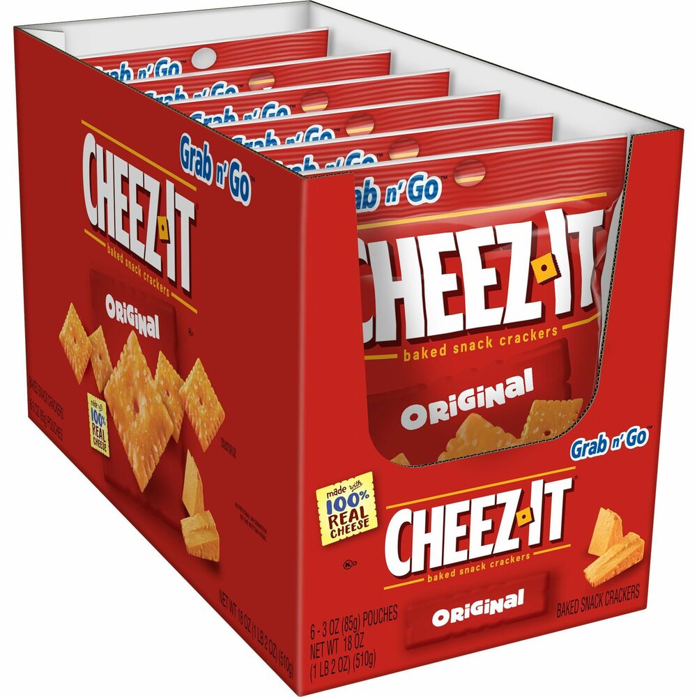 KEB19133 - The iconic Cheez-It flavor you know and love comes in single-serving pouches for snacking on-the-go or at your desk. It has the same square shape, the rigid edges and that hole in the middle you'll find in larger packaging but in more convenient pouches so you can take them anywhere. Everything about this baked snack cracker is the real deal, especially the cheese. Baked cheese crackers are full of flavor. They are naturally flavored with 100 percent low-fat cheese (kosher dairy). They have zero trans fat and are low in saturated fat. Cheez-It Original crackers also have 4 grams of protein. More from the Manufacturer