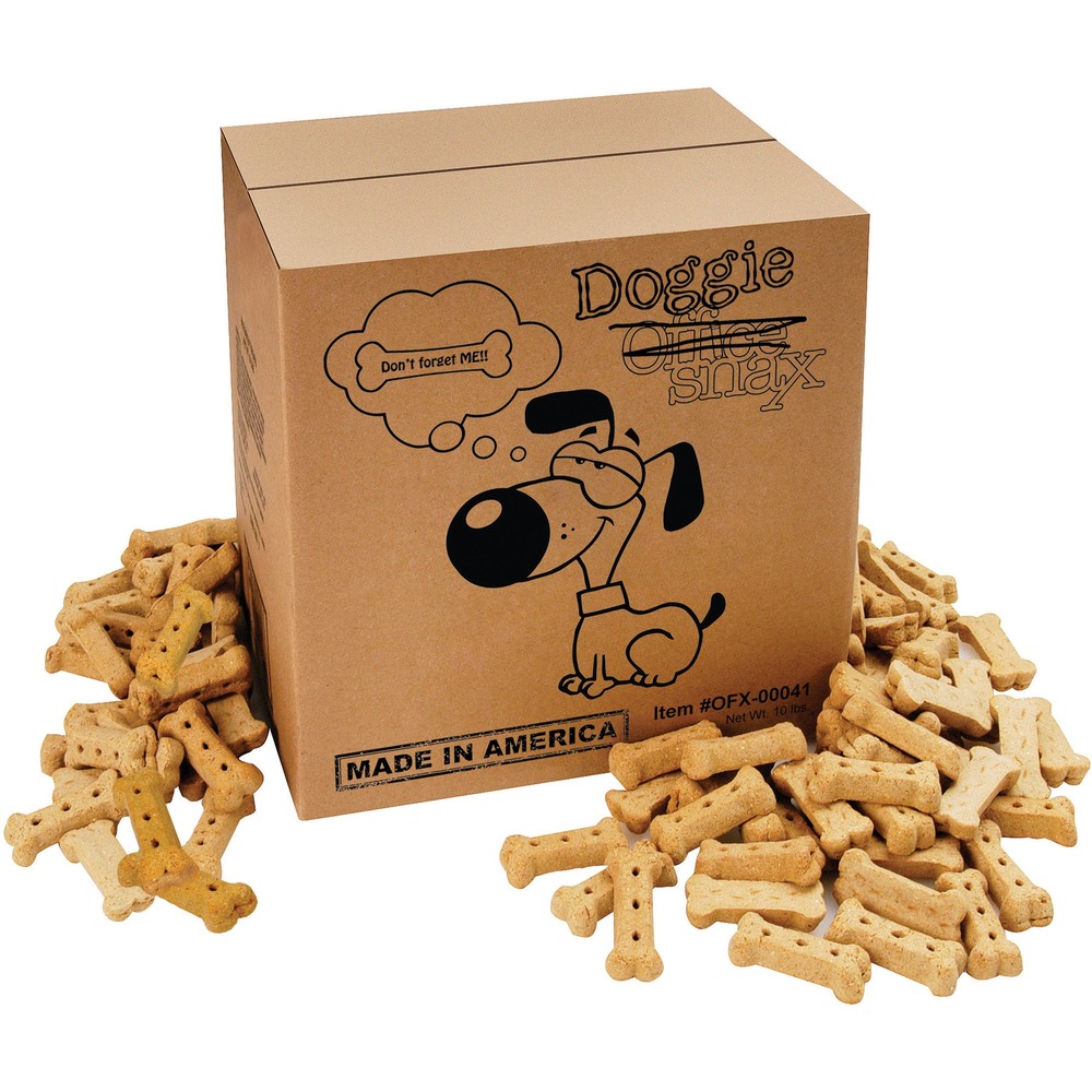 OFX00041 - Doggie treats in a 10 lb. bulk box feature a delectable flavor to give your furry friends a moment to smile about. High-quality ingredients provide an irresistible taste to please even the fussiest eaters. Plastic-lined box maintains lasting freshness to ensure every treat is just as tasty as the one before. Medium-sized biscuits are perfect for banks, salons and other businesses where dogs are welcome.