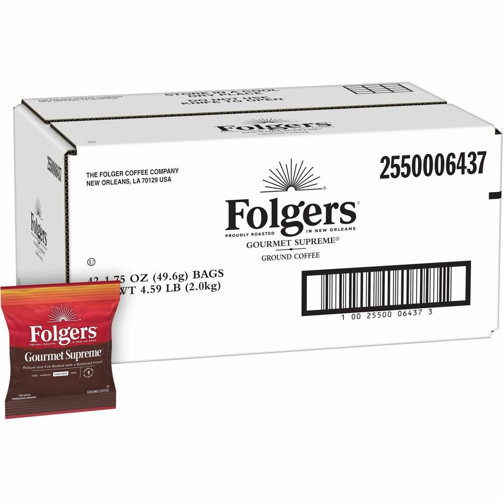 FOL06437 - Folgers Gourmet Supreme coffee provides robust, dark-roast flavor and aroma. Convenient fraction packs are a low-touch way to deliver consistent flavor cup after cup. Each pack is premeasured and ready for your commercial coffee brewer, limiting potential points of contact with grounds. The rich flavor of Folgers is more than just coffee - it's tradition.
