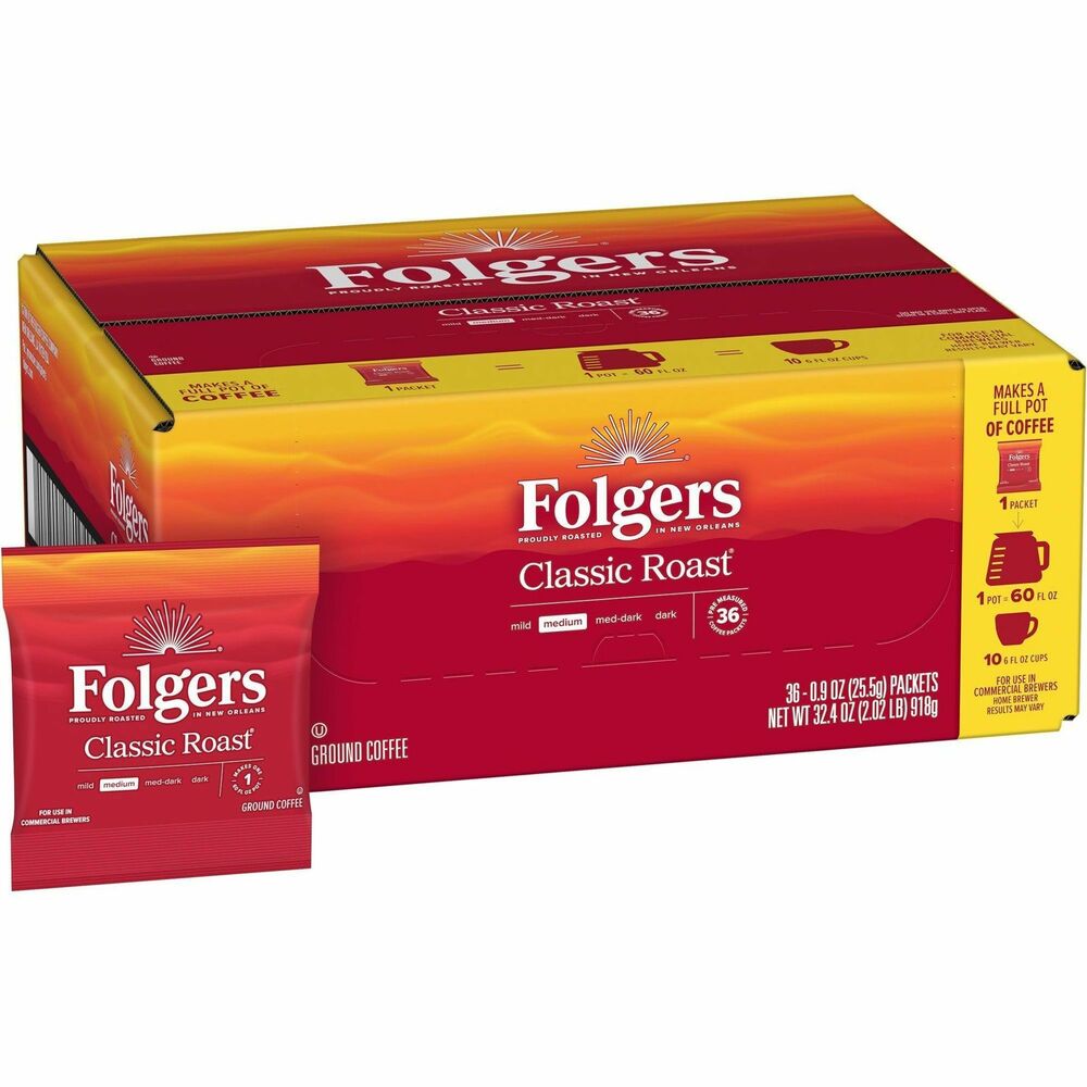 FOL06125 - Folgers Classic Roast coffee provides a rich, medium-roast flavor and aroma. Convenient fraction packs are premeasured and ready for your commercial coffee brewer. The rich flavor of Folgers is more than just coffee - it's tradition. Folgers satisfies employees with the taste they love in a variety of convenient formats.
