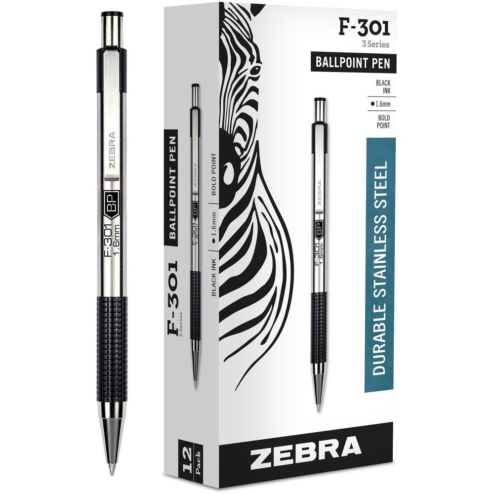 ZEB27310 - Retractable ballpoint pen features a contemporary, stainless steel barrel with stylish design and world-class quality. The lightweight yet durable stainless steel barrel provides a modern and attractive appearance. F-301 Stainless Steel Pen also features a nonslip grip for writing comfort and ease. Sturdy, metal pocket clip allows easy storage and accessibility. Ballpoint pen is refillable with Zebra's F-Refill. More from the Manufacturer