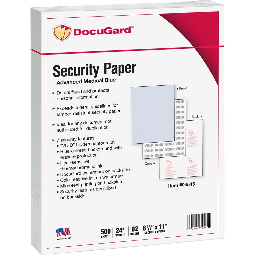 PRB04545 - DocuGard Security Paper is the ultimate fraud fighter with seven security features. Advanced medical blue paper meets and exceeds U.S. Federal CMS guidelines for tamper-resistant security paper. It is ideal for any document not authorized for duplication. Having a combination of security features is important because hidden-message technology (also known as "VOID") is the most common and least dependable with the potential of copies being made without the hidden message appearing. This paper also includes heat-sensitive ink that disappears when copied; printed watermark; microtext that is illegible when copied; colored background that shows alterations when erased; a security features listing on back; and coin-reactive ink that turns black when rubbed with a coin.