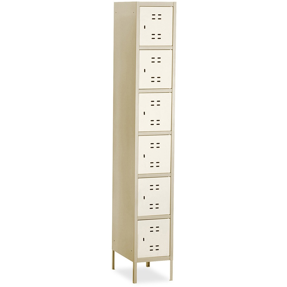 SAF5524TN - Six-tier, two-tone lockers feature legs, ventilation slits, and a strong, one-piece design with heavy-gauge, all-steel construction. Use as a stand-alone or link with other lockers. Set of lockers includes a compartment on each tier. Recessed handle with padlock provision has no protruding parts.
