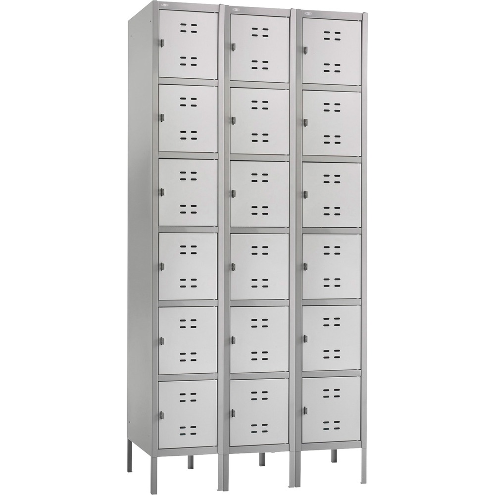 SAF5527GR - Six-tier, two-tone lockers feature legs, ventilation slits, and a strong, one-piece design with heavy-gauge, all-steel construction. Use as a stand-alone or link with other lockers. Set of lockers include three compartments on each tier. Recessed handle with padlock provision has no protruding parts.