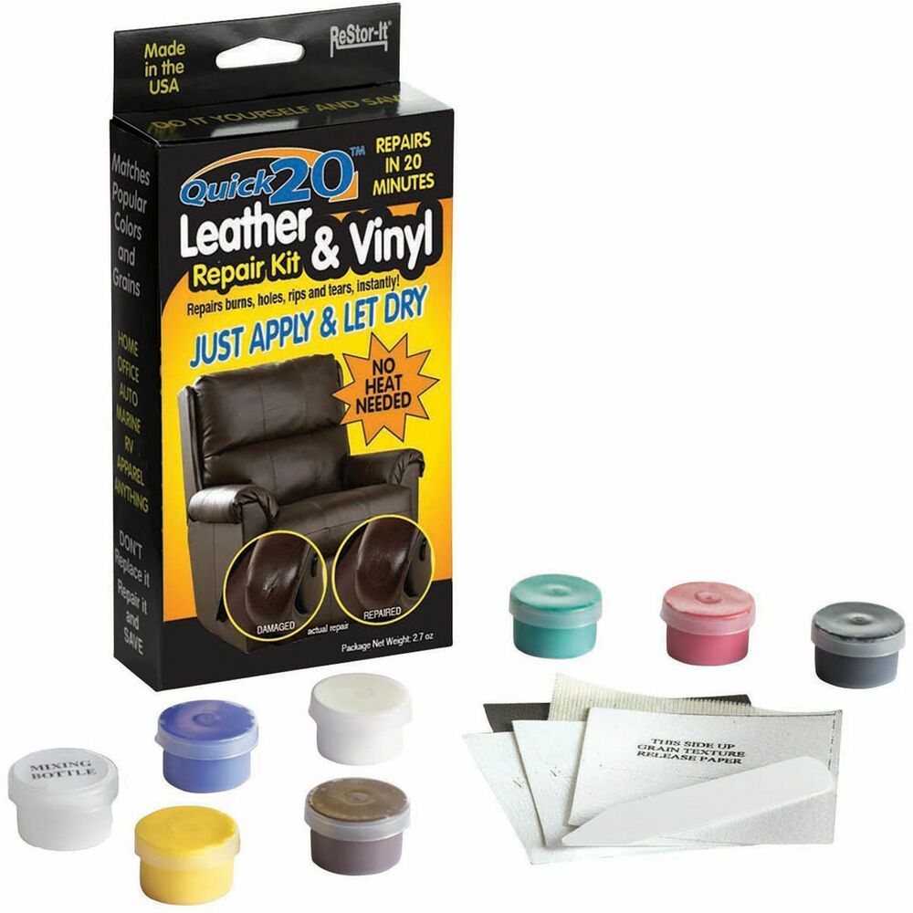 MAS18081 - Repair kit for leather and vinyl offers a unique no-heat repair process that easily repairs burn holes, rips and tears. Repair dries in only 20 minutes. Complete kit includes seven intermixable colors, mixing guide, mixing cups, applicator, and easy-to-follow instructions.