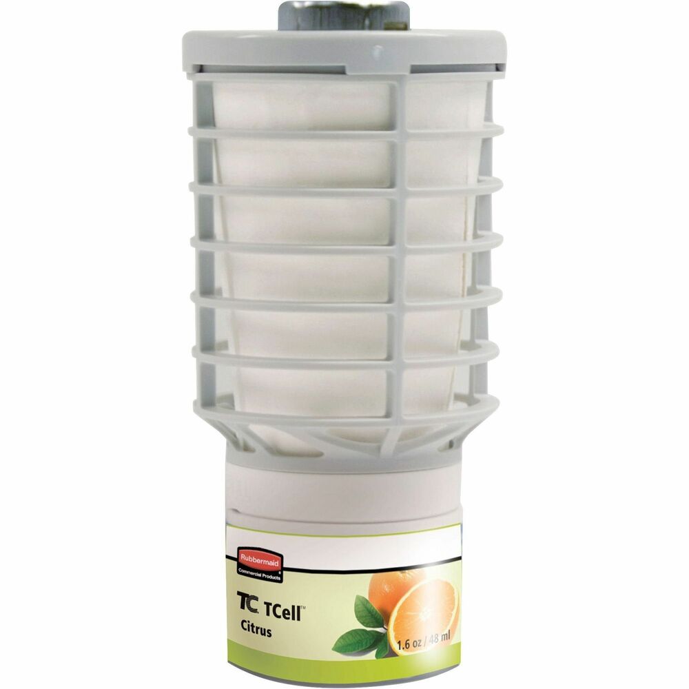 RCP402113 - TCell air freshener refill is part of an odor-control system that dispenses a consistent level of fragrance and Microtrans odor neutralizer. Through a Rubbermaid T-Cell dispenser, the fresh fragrance and odor neutralizer are distributed throughout the room. The invigorating, lively and zesty orange peel fragrance features notes of grapefruit, green lemon, hints of cut stems, and light floral rose. Refill lasts approximately 60 days on the standard setting for a washroom with three to four stalls/fixtures. It can last approximately 90 days in a small washroom with one to two stalls/fixtures. Refill contains no propellants or added VOCs.