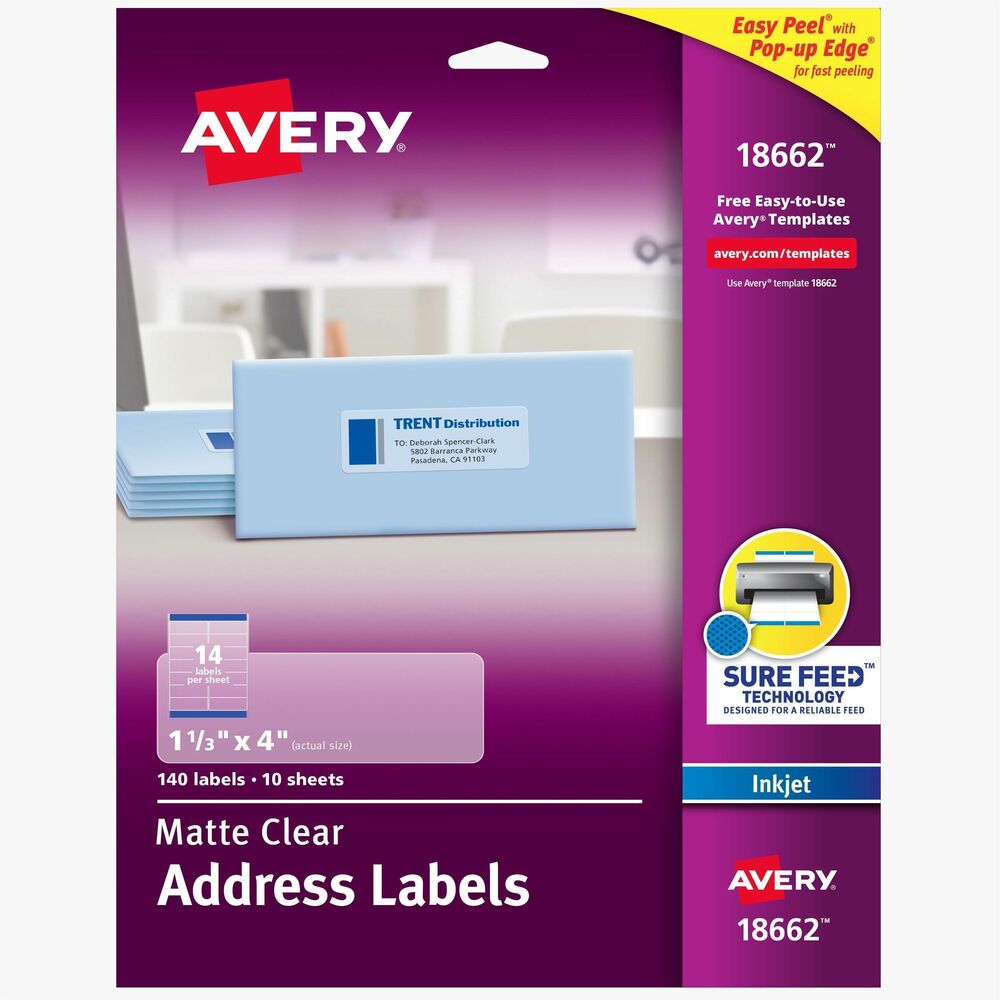 AVE18662 - Create professional-looking labels quickly with Easy Peel Mailing Labels. For fast peeling, bend the label sheets to expose the Pop-up Edge. Labels virtually disappear on colored and textured surfaces. Labels have permanent adhesive and are jam-free and smudge-free. They are perfect for creating labels for addressing, shipping and organizing. Perforated letter-size sheets tear so the edge of each self-adhesive label hangs over the sheet backing for easy access. Labels are compatible with inkjet printers. Avery offers many easy-to-use, online templates. More from the Manufacturer
