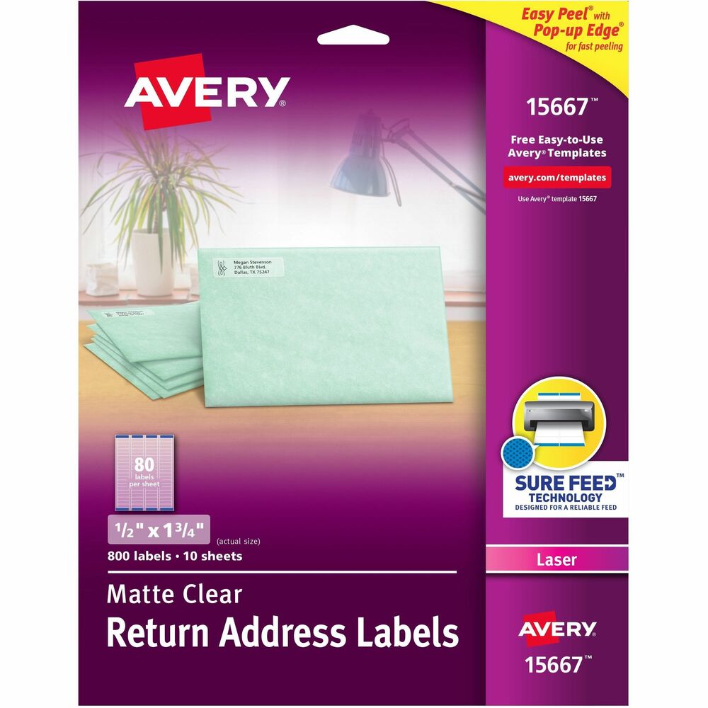 AVE15667 - Create professional-looking labels quickly with Easy Peel Mailing Labels. For fast peeling, bend the label sheets to expose the Pop-up Edge. Bright white labels have permanent adhesive and are jam-free and smudge-free. Each delivers sharp print quality that is perfect for creating labels for addressing, shipping and organizing. Perforated letter-size sheets tear so the edge of each self-adhesive label hangs over the sheet backing for easy access. Labels are compatible with laser printers. Avery offers many easy-to-use templates for Microsoft Word and other popular software programs. More from the Manufacturer