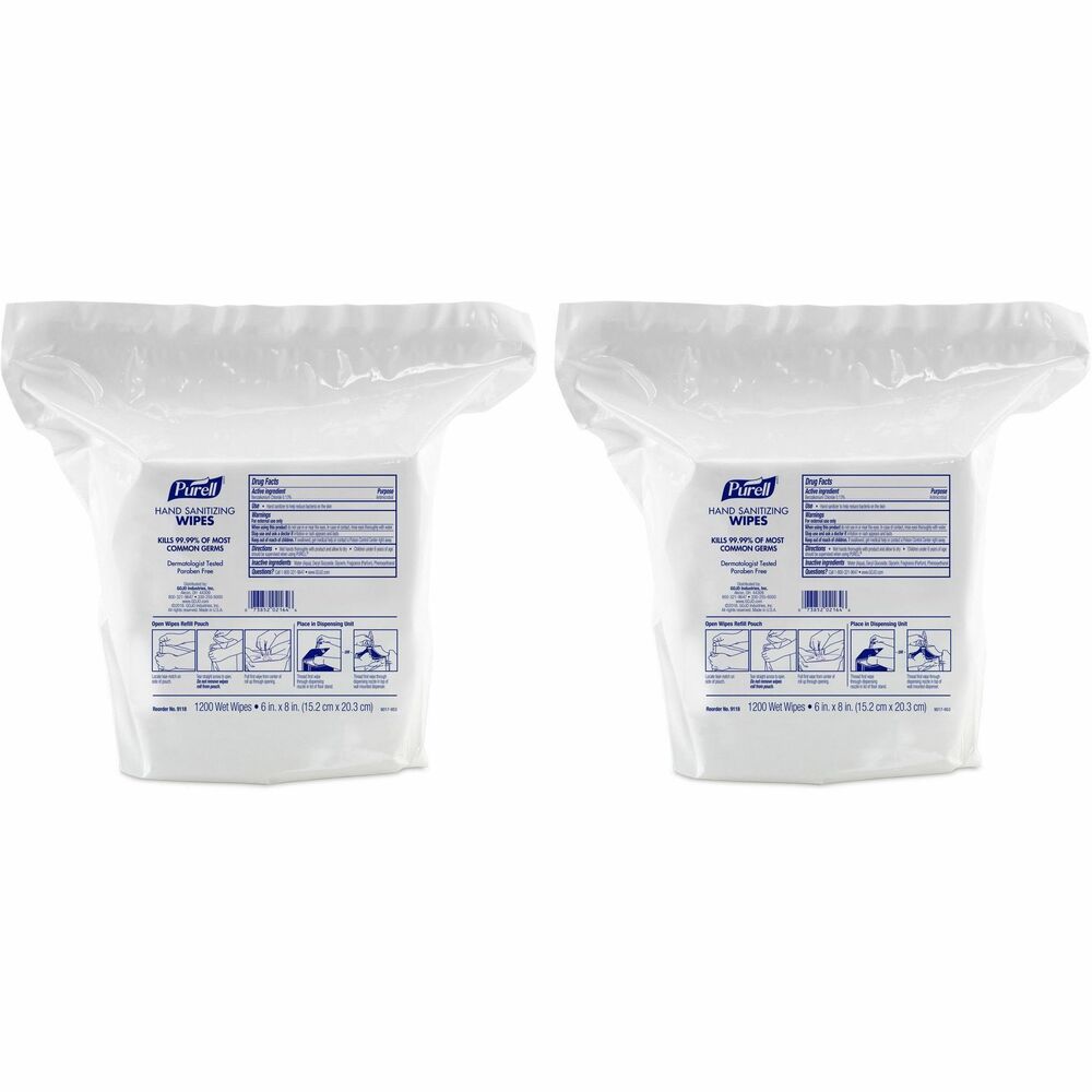 GOJ911802 - Sanitizing wipes contain all the germ-killing benefits of PURELL in a nonlinting, durable wipe so it kills 99.99 percent of most common germs that may cause illness. Textured surface delivers superior cleaning. Each wipe sanitizes hands while wiping away light soils and dirt. Dermatologist-tested wipes are easy to use and ideal for offices, restaurants, health clubs or anywhere else germs may be. They are convenient for use whenever soap and water are not available. Wipes do not contain alcohol.