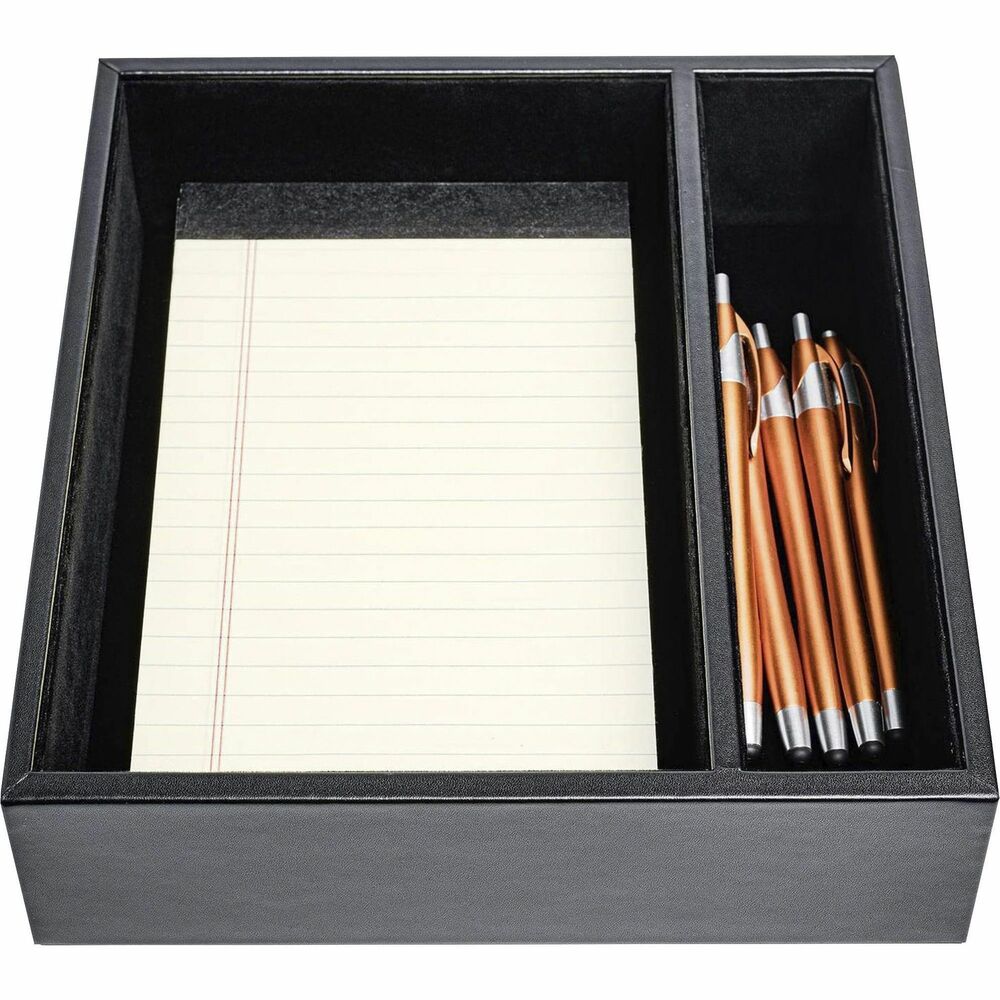 DACA1047 - Junior Pad Organizer features three different compartments to store a 5" x 8" writing pad, writing utensils and small items. Top-grain leather adds professional style to any work space. Soft velveteen bottom protects surfaces from scuffs and scratches. Designed with high-quality components, this desk pad will last for years to come.