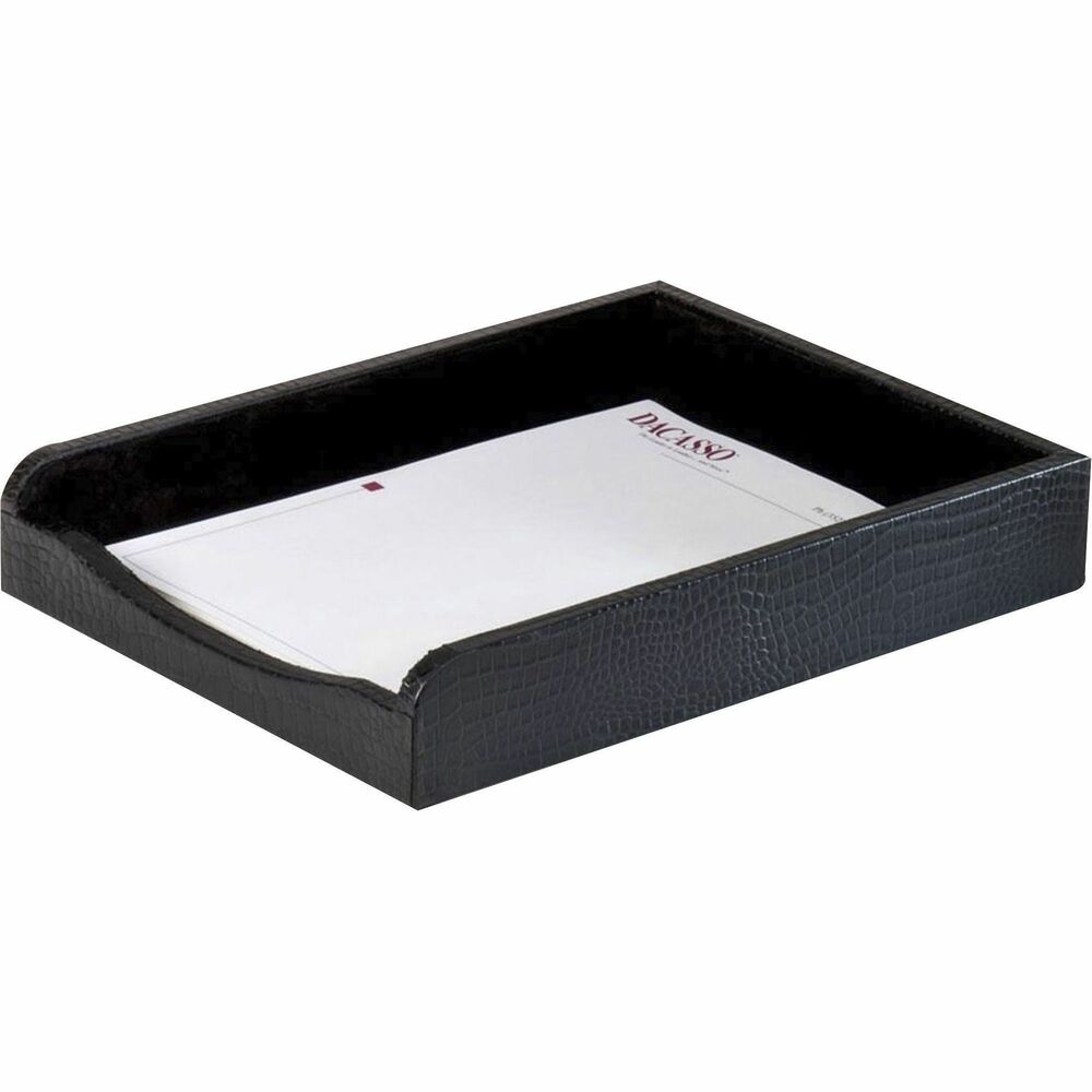 DACA2201 - Letter Tray features a crocodile embossed design to add a smart, sophisticated look to your desk. Closed-front design prevents your letter-size documents from sliding out. The bottom is lined with soft velveteen to protect surfaces from scuffs and scratches. Letter tray can be used with Dacasso stacking posts (not included) for space-saving organization.