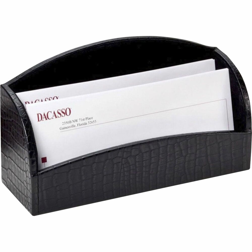 DACA2208 - Letter Holder features two slots to help you efficiently organize incoming and outgoing mail. Crocodile embossed design adds a smart, sophisticated look to your desk. Soft velveteen protects surfaces from scuffs and scratches.