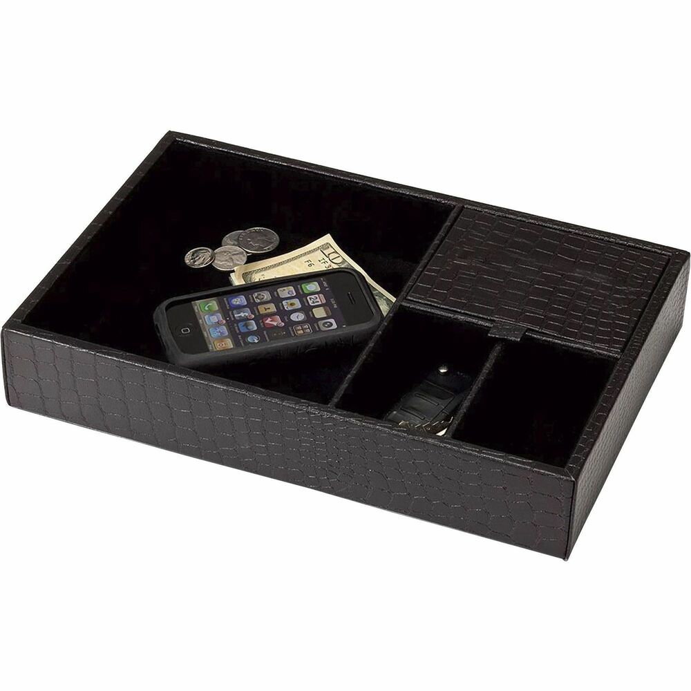 DACA2463 - Valet Tray features three open compartments and one concealed compartment to help you keep your space organized. Crocodile embossed leather adds a smart, sophisticated look to your desk. Soft velveteen bottom protects surfaces from scuffs and scratches.