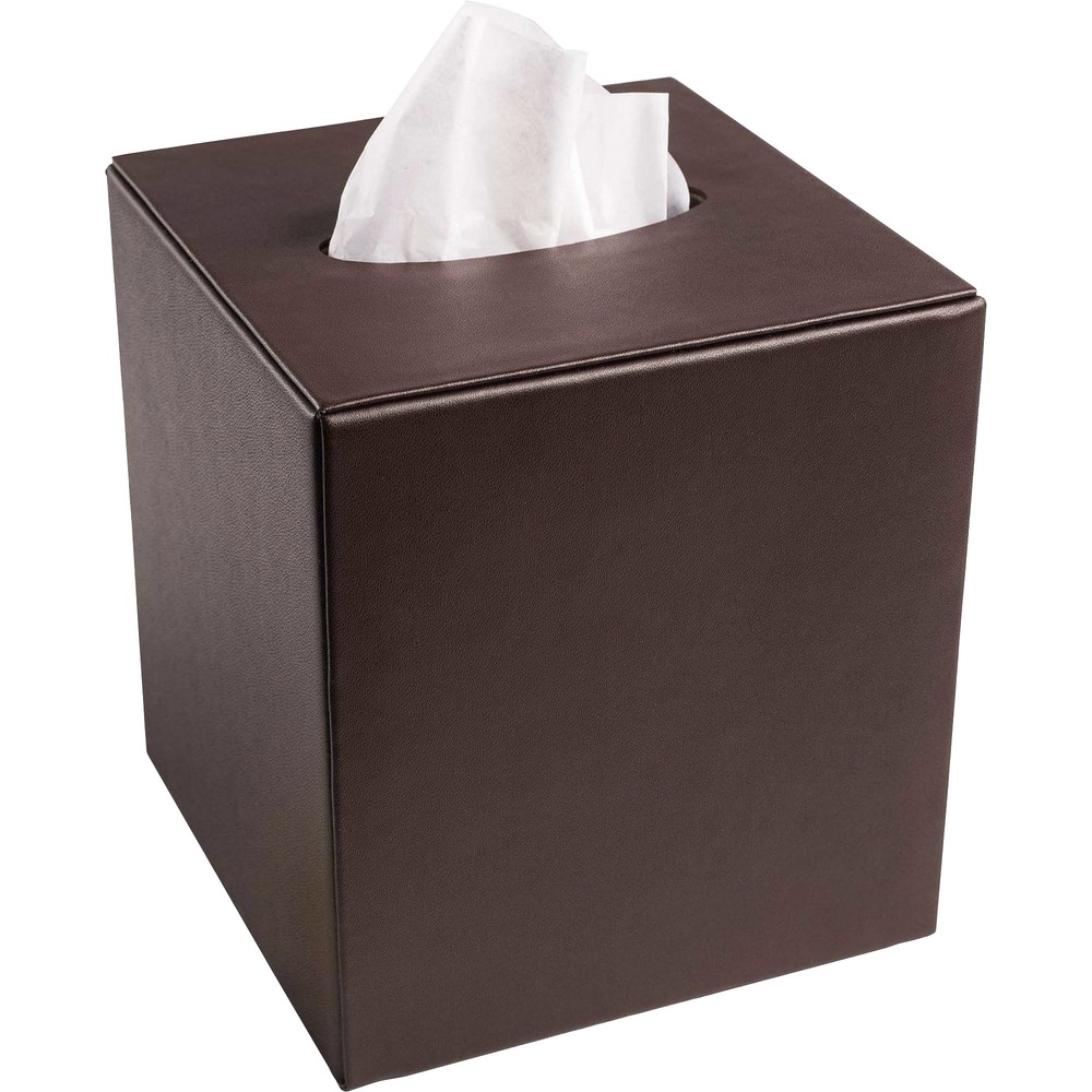 DACA3437 - Tissue Box Cover features an easy-to-use design that slides on and off of your tissue box to quickly replace depleted tissues. Top-grain leather adds professional style to any work space. The bottom of the cover is lined with soft velveteen to protect your surfaces from scuffs and scratches. Tissue box cover is designed for standard, cube-shaped tissue boxes (not included).