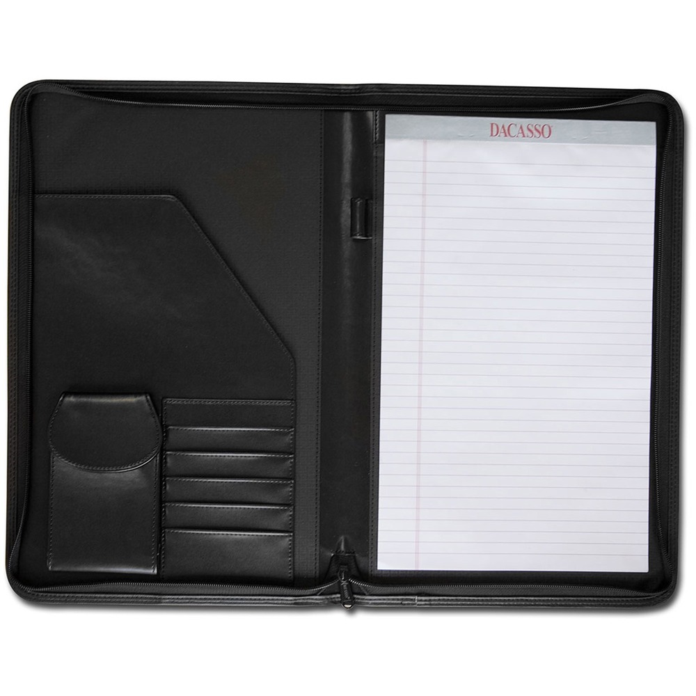 DACE1003 - Legal-Size Portfolio features a zip-around design to keep your important items safely contained. Interior smart phone pouch offers a handy space to keep your mobile device. Pen loop keeps your writing utensil within quick reach. It also includes five business card slots and a writing pad. Top-grain leather adds professional style to any work space.