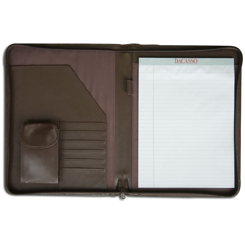 DACE3402 - Letter-Size Portfolio features a zip-around design to keep your important items safely contained. Interior smart phone pouch offers a handy space to keep your mobile device. Pen loop keeps your writing utensil within quick reach. It also includes five business card slots and a writing pad. Top-grain leather adds professional style to any work space.