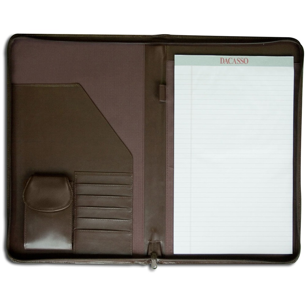 DACE3403 - Legal-Size Portfolio features a zip-around design to keep your important items safely contained. Interior smart phone pouch offers a handy space to keep your mobile device. Pen loop keeps your writing utensil within quick reach. It also includes five business card slots and a writing pad. Top-grain leather adds professional style to any work space.