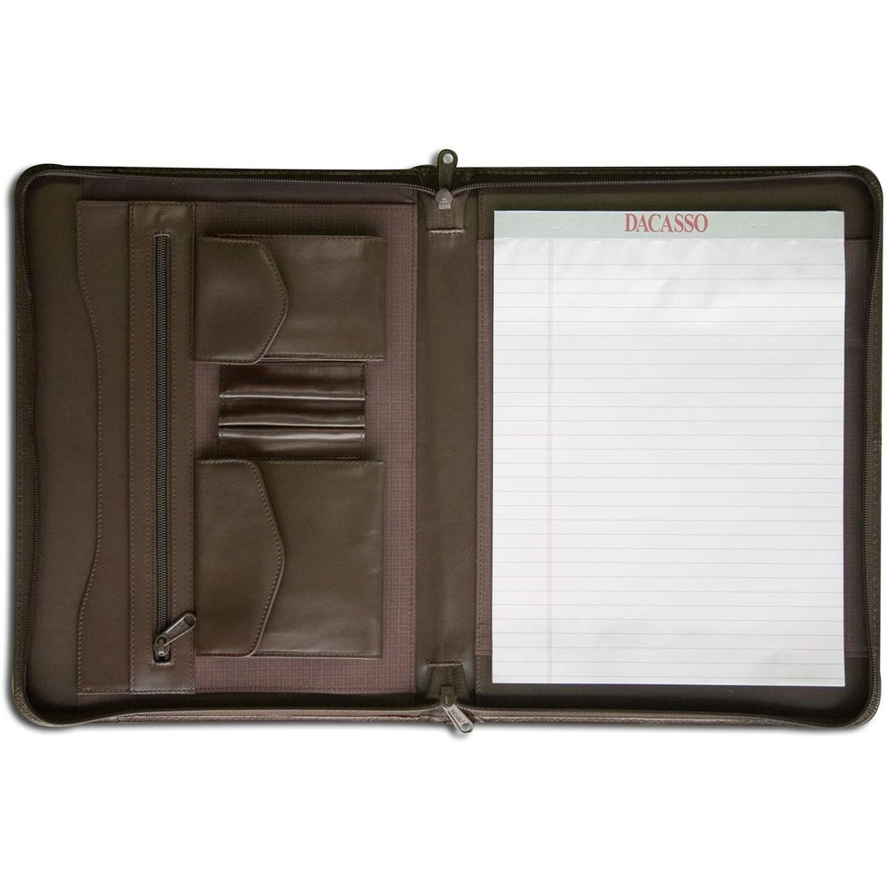 DACE3404 - Letter-Size Portfolio features a reversible design to accommodate both left-handed and right-handed people. Exterior pocket provides quick access to frequently used items. Interior smart phone pouch offers a handy space to keep your mobile device. Three pen loops keep your writing utensil within quick reach. It also includes a business card pouch, writing pad and gusseted paper stash with two slots and zippered pocket. Top-grain leather adds professional style to any work space.