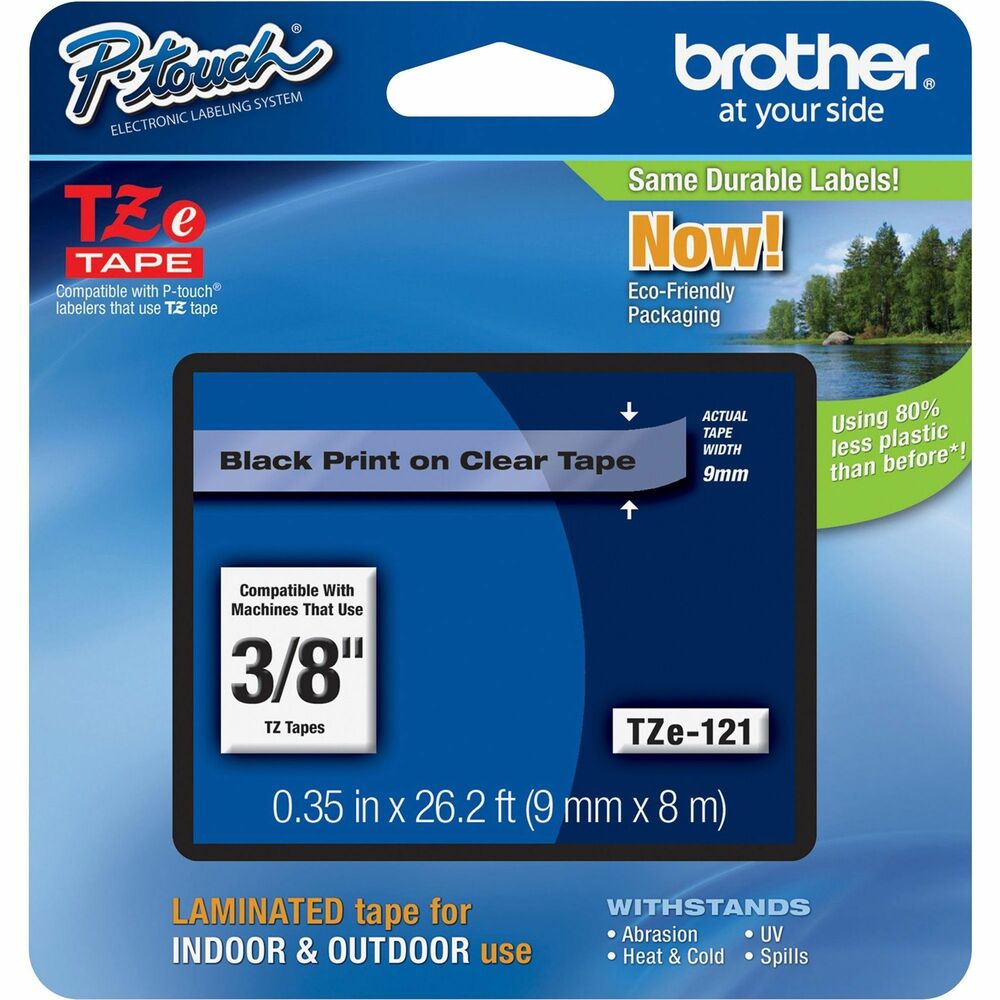 BRTTZE121 - Laminated tape features standard adhesive designed for smooth, flat surfaces like office paper, file folders and binders. These labels stay on under normal indoor and outdoor use, including hot and cold environments. Use with Brother P-touch Labelers using TZ or TZe tapes. They include PT-D200, PT-D210, PT-H100, PT-1010, PT-1090, PT-1230PC, PT-1280, PT-1290, PT-1830, PT-1880, PT-2100, PT-2110, PT-2030, PT-2030AD, PT-2030VP, PT-D400, PT-D400AD, PT-D400VP, PT-D450, PT-H300, PT-H300LI, PT-2430PC, PT-2710, PT-2730, PT-2730VP, PT-D600, PT-1100, PT-1100SB, PT-1120, PT-1130, PT-1160, PT-1170S, PT-1180, PT-1190, PT-1200, PT-18R, PT-300, PT-310, PT-320, PT-1300, PT-1700, PT-1750, PT-1800, PT-1960, PT-330, PT-350, PT-520, PT-540, PT-580C, PT-2200, PT-2210, PT-2300, PT-2310, PT-2400, PT-2410, PT-2500PC, PT-2600, PT-2610, PT-3600, PT-9200DX, PT-9200PC, PT-9400, PT-9500PC and PT-9600. Print color is black. Background is clear. Tape measures 9mm (7/20") wide x 8m (26-1/5') long.