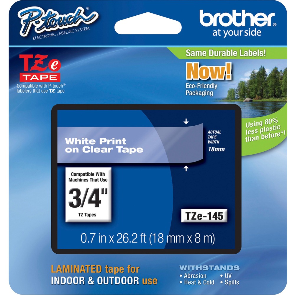 BRTTZE145 - Laminated TZ Tape features standard adhesive designed for flat surfaces like office paper, file folders and binders. Tape resists water, grease and grime. Use in hot and cold environments as well as outdoors (water-resistant). Tape is best suited for smooth, flat surfaces. Use with Brother PT-1300, PT-1400, PT-1500, PT-1500PC, PT-1600, PT-1650, PT-1700, PT-1750, PT-1800, PT-1810, PT-1830, PT-1830C, PT-1830SC, PT-1830VP, PT-1880, PT-18R, PT-1900, PT-1910, PT-1950, PT-1960, PT-2030, PT-2030AD, PT-2030VP, PT-2100, PT-2110, PT-2200, PT-2210, PT-2300, PT-2310, PT-2400, PT-2410, PT-2430PC, PT-2500PC, PT-2600, PT-2610, PT-2700, PT-2710, PT-2730, PT-2730VP, PT-300, PT-300B, PT-310, PT-310B, PT-320, PT-330, PT-350, PT-3600, PT-520, PT-530, PT-540, PT-550, PT-580C, PT-9200DX, PT-9200PC, PT-9400, PT-9500PC, and PT-9600.