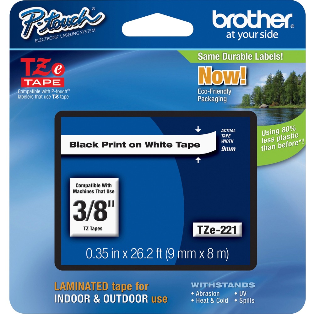 BRTTZE221 - Laminated tape features standard adhesive designed for smooth, flat surfaces like office paper, file folders and binders. These labels stay on under normal indoor and outdoor use, including hot and cold environments. Use with Brother P-touch Labelers using TZ or TZe tapes. They include PT-D200, PT-1280, PT-1290, PT-1830, PT-1880, PT-2100, PT-2110, PT-2030, PT-2030AD, PT-2030VP, PT-D400, PT-D400AD, PT-D400VP, PT-D450, PT-H300, PT-H300LI, PT-2430PC, PT-2700, PT-2710, PT-2730, PT-2730VP, PT-D600, PT-D600VP, PT-H500LI, PT-P700, PT-P750W, PT-200, PT-1000, PT-1100, PT-1180, PT-1190, PT-300, PT-310, PT-320, PT-1300, PT-1700, PT-1750, PT-1800, PT-1810, PT-1900, PT-1910, PT-1950, PT-1960, PT-330, PT-350, PT-520, PT-540, PT-1600, PT-1650, PT-2200, PT-2210, PT-2300, PT-2310, PT-2400, PT-2410, PT-2500PC, PT-2600, PT-2610, PT-530, PT-550, PT-3600, PT-9400, PT-9500PC and PT-9600. Print color is black. Background is white. Tape measures 9mm (7/20") wide x 8m (26-1/5') long. More from the Manufacturer