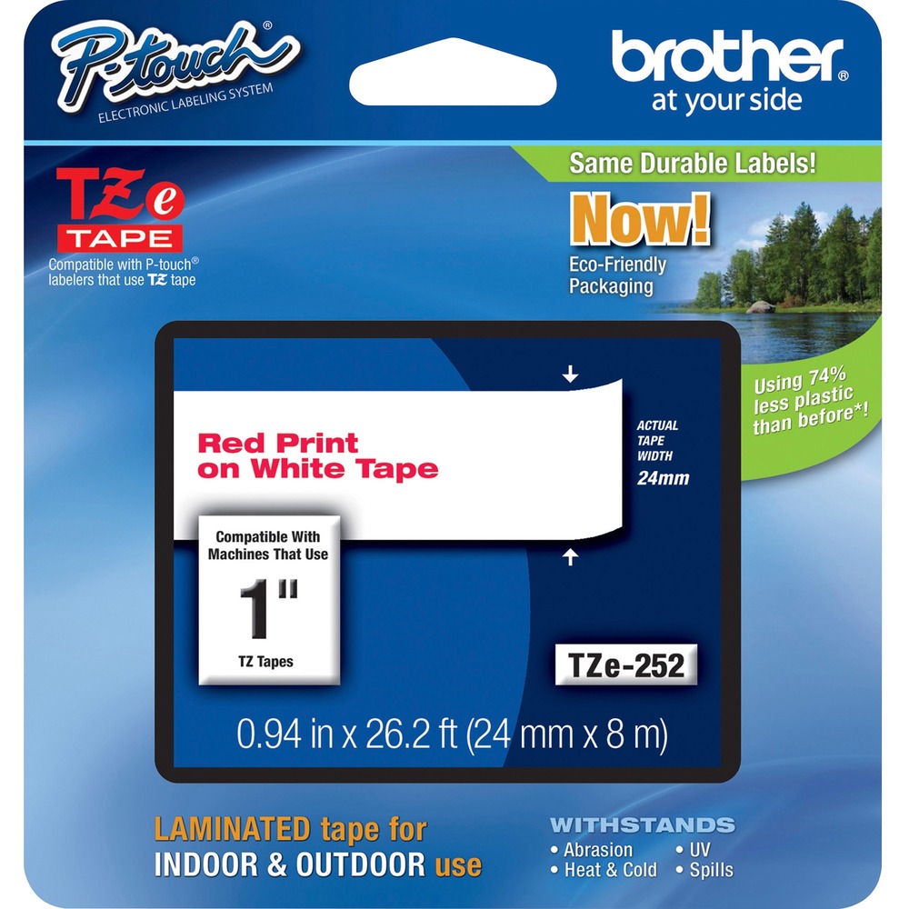 BRTTZE252 - Laminated tape features standard adhesive that is designed for flat surfaces like office paper, file folders and binders. Tape resists water, grease or grime. Use in hot and cold environments as well as outdoors (water-resistant). Tape is best suited for smooth, flat surfaces. Use with Brother PT-330, 350, 520, 530, 540, 550, 580C, 1400, 1500PC, 1600, 1650, 2200, 2210, 2300, 2310, 2400, 2410, 2430PC, 2500PC, 2600, 2610, 2700, 2710, 3600, 9200DX, 9200PC, 9500PC and 9600. Cartridge yields 26.2'.