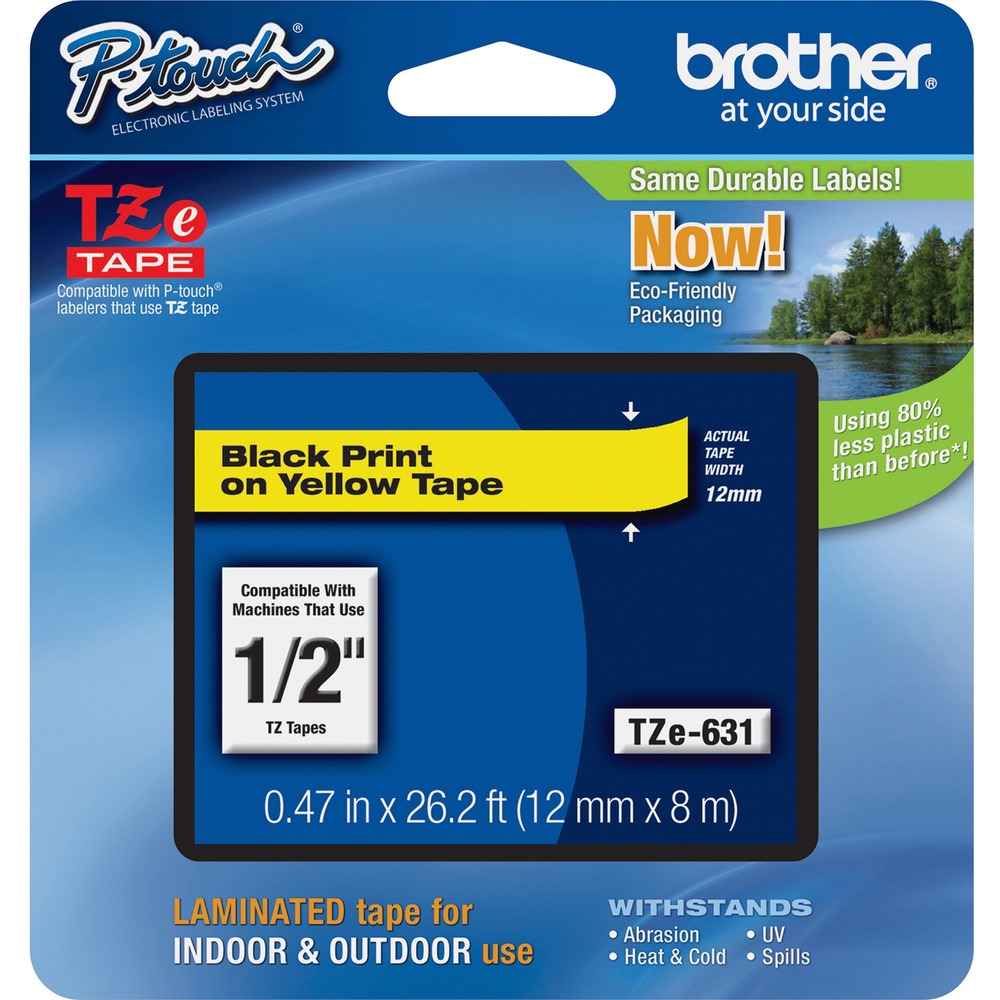 BRTTZE631 - Laminated tape features standard adhesive designed for smooth, flat surfaces like office paper, file folders and binders. These labels stay on under normal indoor and outdoor use, including hot and cold environments. Use with Brother P-touch Labelers using TZ or TZe tapes. They include PT-D200, PT-D210, PT-H100, PT-1010, PT-1090, PT-1230PC, PT-1280, PT-1290, PT-1830, PT-1880, PT-2100, PT-2110, PT-2030, PT-2030AD, PT-2030VP, PT-D400, PT-D400AD, PT-D400VP, PT-D450, PT-H300, PT-H300LI, PT-2430PC, PT-2710, PT-2730, PT-2730VP, PT-D600, PT-1100, PT-1100SB, PT-1120, PT-1130, PT-1160, PT-1170S, PT-1180, PT-1190, PT-1200, PT-18R, PT-300, PT-310, PT-320, PT-1300, PT-1700, PT-1750, PT-1800, PT-1960, PT-330, PT-350, PT-520, PT-540, PT-580C, PT-2200, PT-2210, PT-2300, PT-2310, PT-2400, PT-2410, PT-2500PC, PT-2600, PT-2610, PT-3600, PT-9200DX, PT-9200PC, PT-9400, PT-9500PC and PT-9600. Print color is black. Background is yellow. Tape measures 12mm (8/17") wide x 8m (26-1/5') long.