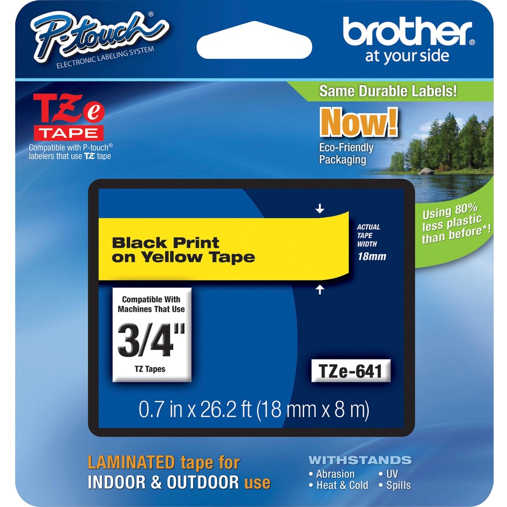 BRTTZE641 - Laminated TZ Tape features standard adhesive designed for flat surfaces like office paper, file folders and binders. Tape resists water, grease and grime. Use in hot and cold environments as well as outdoors (water-resistant). Tape is best suited for smooth, flat surfaces. Use with Brother PT-1300, PT-1400, PT-1500, PT-1500PC, PT-1600, PT-1650, PT-1700, PT-1750, PT-1800, PT-1810, PT-1830, PT-1830C, PT-1830SC, PT-1830VP, PT-1880, PT-18R, PT-1900, PT-1910, PT-1950, PT-1960, PT-2030, PT-2030AD, PT-2030VP, PT-2100, PT-2110, PT-2200, PT-2210, PT-2300, PT-2310, PT-2400, PT-2410, PT-2430PC, PT-2500PC, PT-2600, PT-2610, PT-2700, PT-2710, PT-2730, PT-2730VP, PT-300, PT-300B, PT-310, PT-310B, PT-320, PT-330, PT-350, PT-3600, PT-520, PT-530, PT-540, PT-550, PT-580C, PT-9200DX, PT-9200PC, PT-9400, PT-9500PC, and PT-9600. More from the Manufacturer